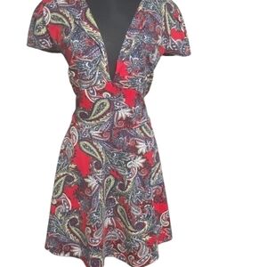 Club L Paisley Print Dress Size 20 | Red Blue V-Neck Fit & Flare Stretch
